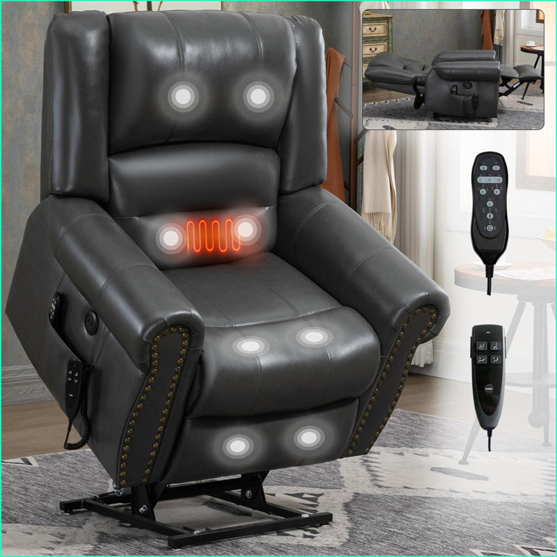 Fauteuils inclinables avec double moteur et massage thermique, capacité de 350 lb, similicuir avec ports USB | Gris ardoise