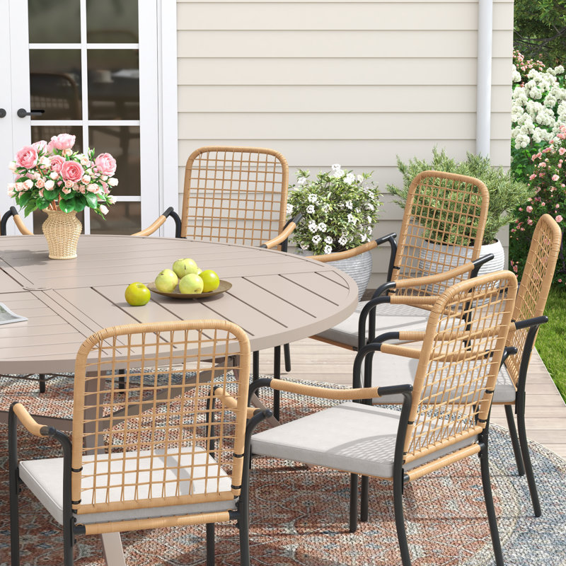 10-Person Round Patio Dining Set With Cushioned Rattan Stackable Chairs, Sandshell