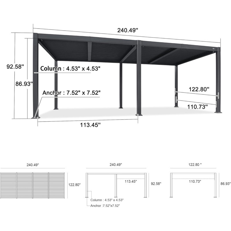 PURPLE LEAF 20' W x 10' D Louvered Pergola Outdoor Aluminum Pergola with Adjustable Louvers Roof, 92.58" H x 240" W x 120" D