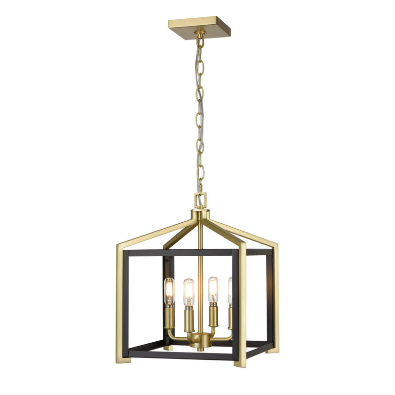 4 - Light Dimmable Lantern Modern Linear Chandelier, Black/Polished Nickel, 15.75" H x 12" W x 12" D