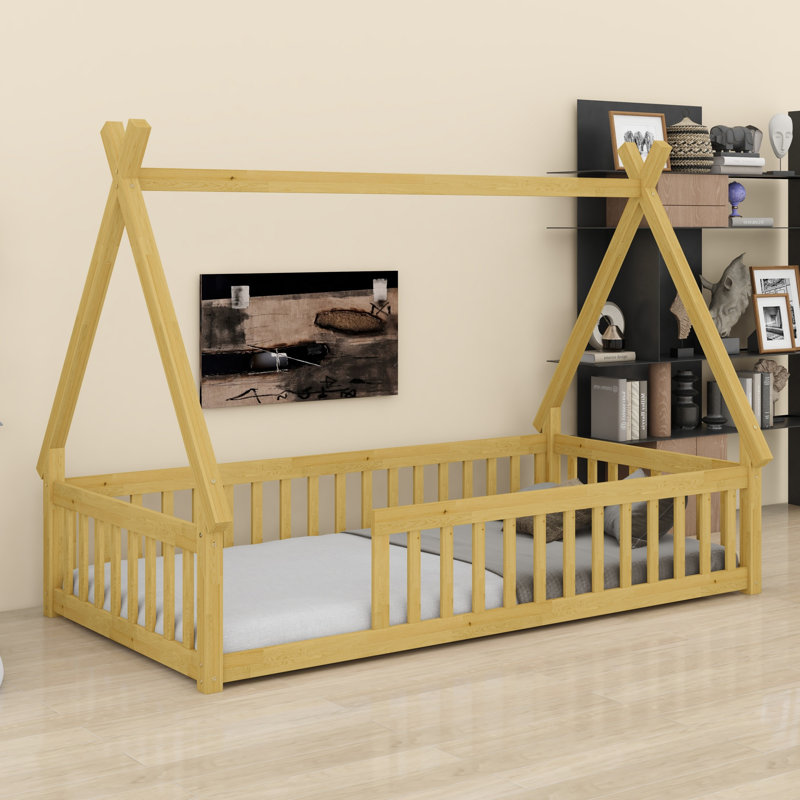 Tent Shaped Floor Bed With Guardrails And Slats, Natural