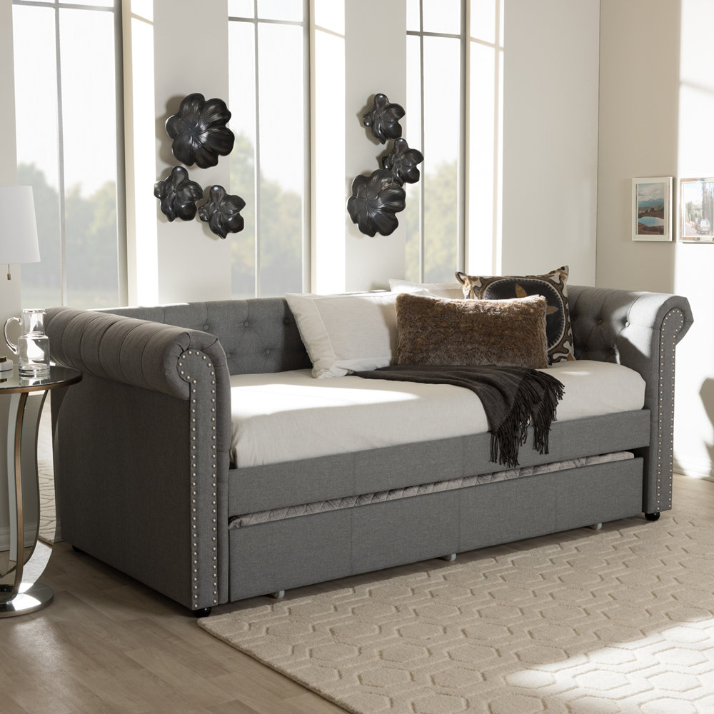 Mynard Upholstered Daybed with Trundle - Twin, Gray