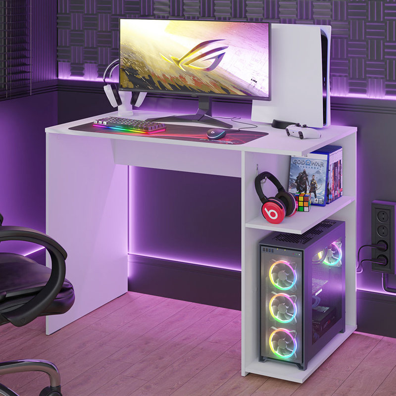 Gaming Computer Desk 39 Inch with 2 Shelves and Headphone Hanger Wooden Sturdy Home Office Table for Kids and Adults, White