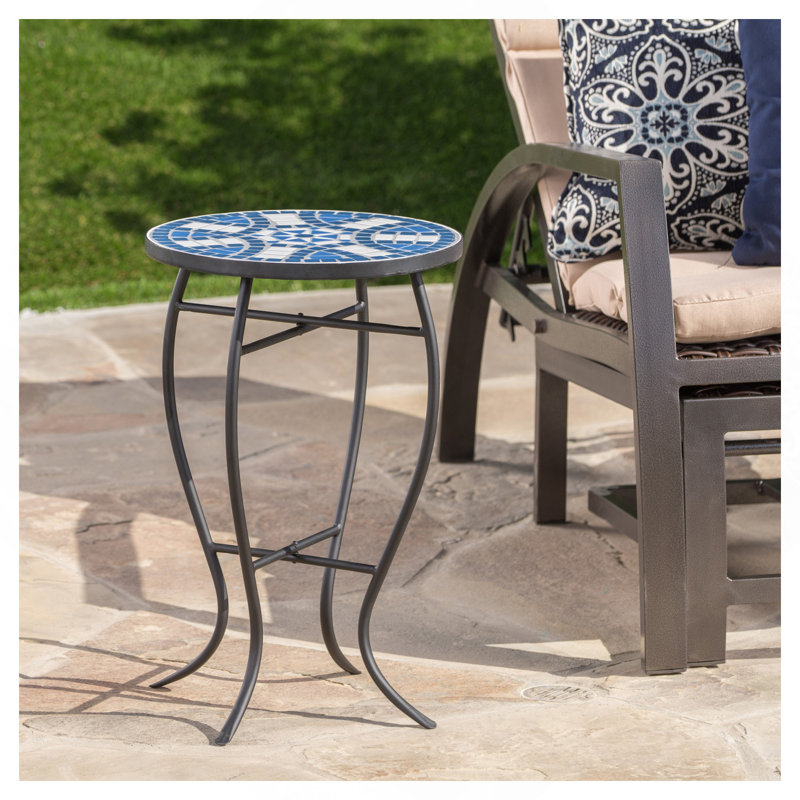 Outdoor Round Side Table With Mosaic-Style Top And Curved Iron Legs, End Table-Blue ,Wihte And Matte Black