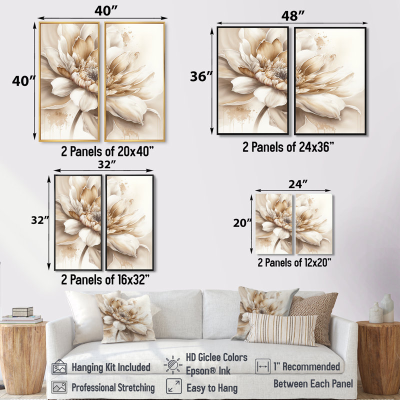 Fleur beige simple III - décoration murale beige 2 pièces, H 20 po x l 24 po, Reproduction encadrée sans passe-partout, Noir