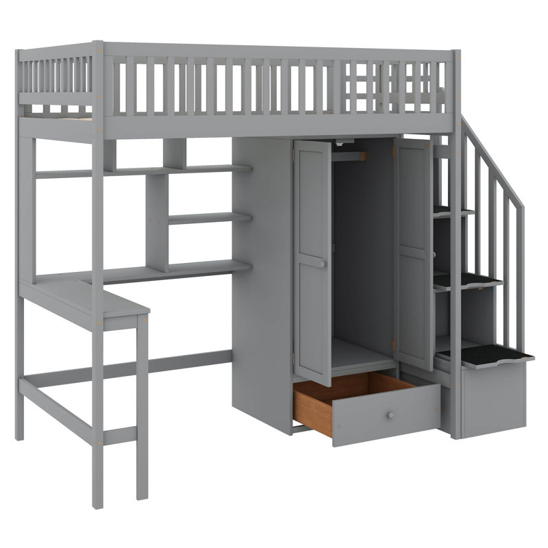 Lit mezzanine simple avec bibliothèque intégrée et tiroirs, Gris