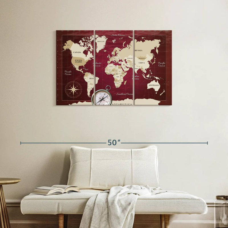 Aliaz Red Longitude World Map, 24" H x 38" W
