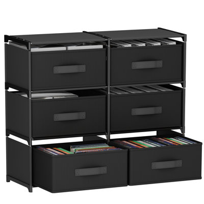 Nightstand with 6 Drawers, Fabric Dresser, Organizer Unit, Storage Dresser for Bedroom, Hallway, Entryway, Closets， Steel Frame, Easy Pull Handle Black