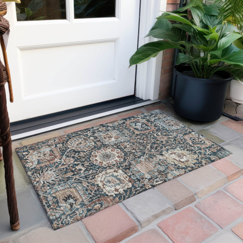 Taupe and Blue Synthetic Washable Rectangular Rug