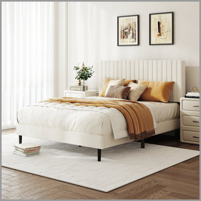 Structure de lit double, lit plateforme tapissier en velours avec tête de lit réglable en hauteur, structure robuste et lattes, conception silencieuse, compatible avec les matelas sans ressorts, facile à assembler