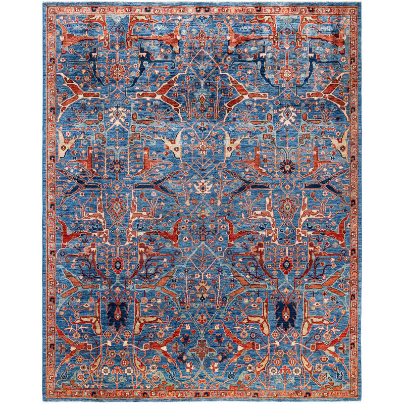 Tapis unique noué à la main Raffin - bleu, 8 pi 0 po x 9 pi 10 po Raffin