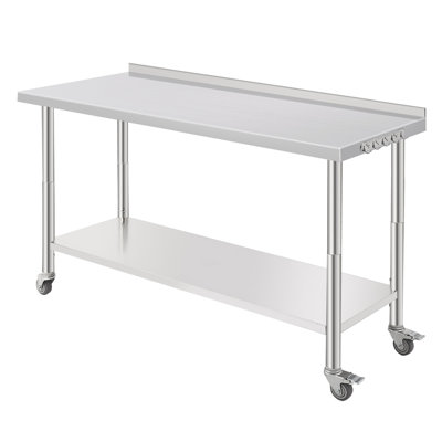 Stainless Steel Brewing Prep Table – 60x24x35 in, 2-Tier Workstation with Adjustable Shelf, Casters, Hooks, Curved Edge & Back Plate – Versatile for Kitchen, Restaurant & Workshop