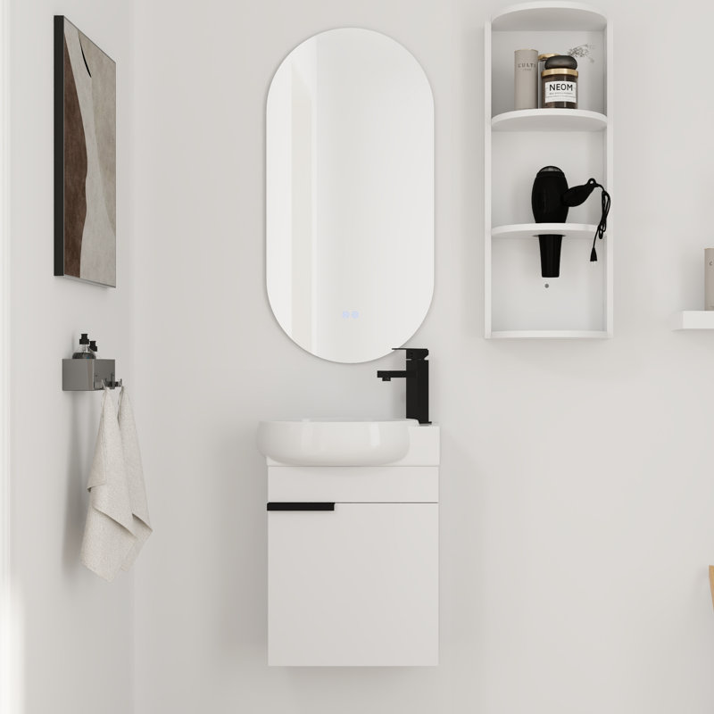 Ensemble de meuble-lavabo simple 16 po avec plateau en céramique et support de rangement flottant 16 po, Blanc
