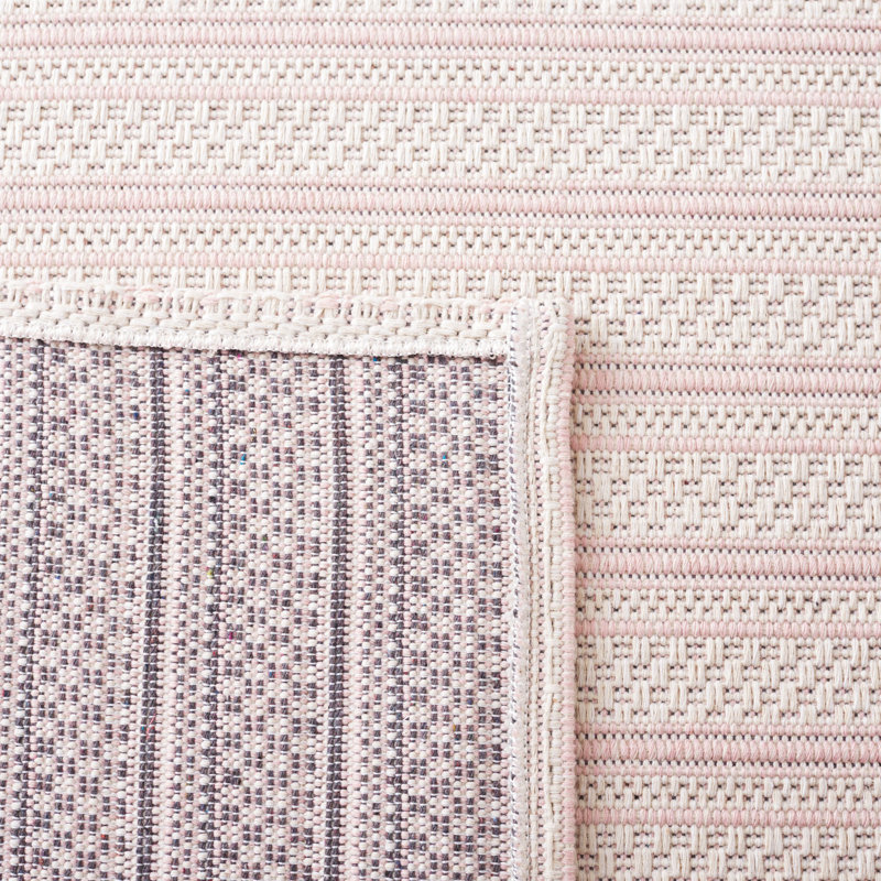 Ivory and Pink Striped Wool Rectangular Rug 5' x 7'