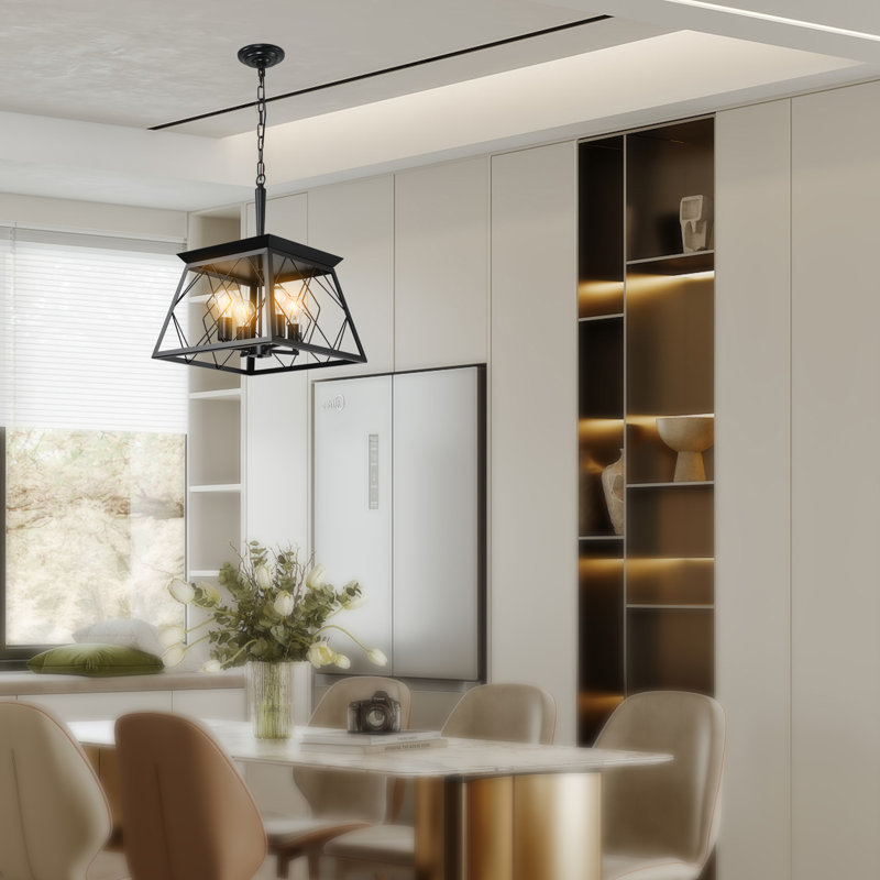 Lustre suspendu industriel noir 4 lumières 16 "| Cage en métal, Noir