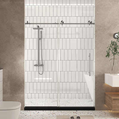 Frameless Shower Door 44-48 "W X 76" H, 1/4 "(6 Mm) Clear Tempered Glass, Explosion Proof Film, Stainless Steel Handle,Brushed Nickel