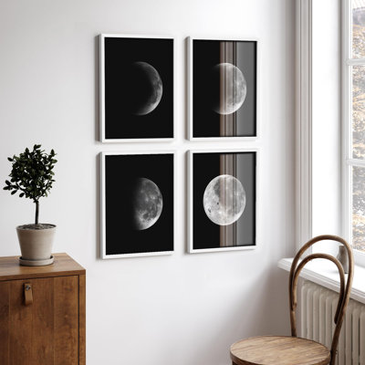 "Phases de la lune en noir et blanc, photographie de nature sauvage, décor moderne" - 4 pièces