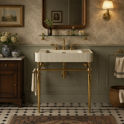 Solid Surface Console Vanity with Integrated Sink and 3 Pre-Drilled Faucet Holes, Freestanding Stainless Steel Legs and Towel Bar