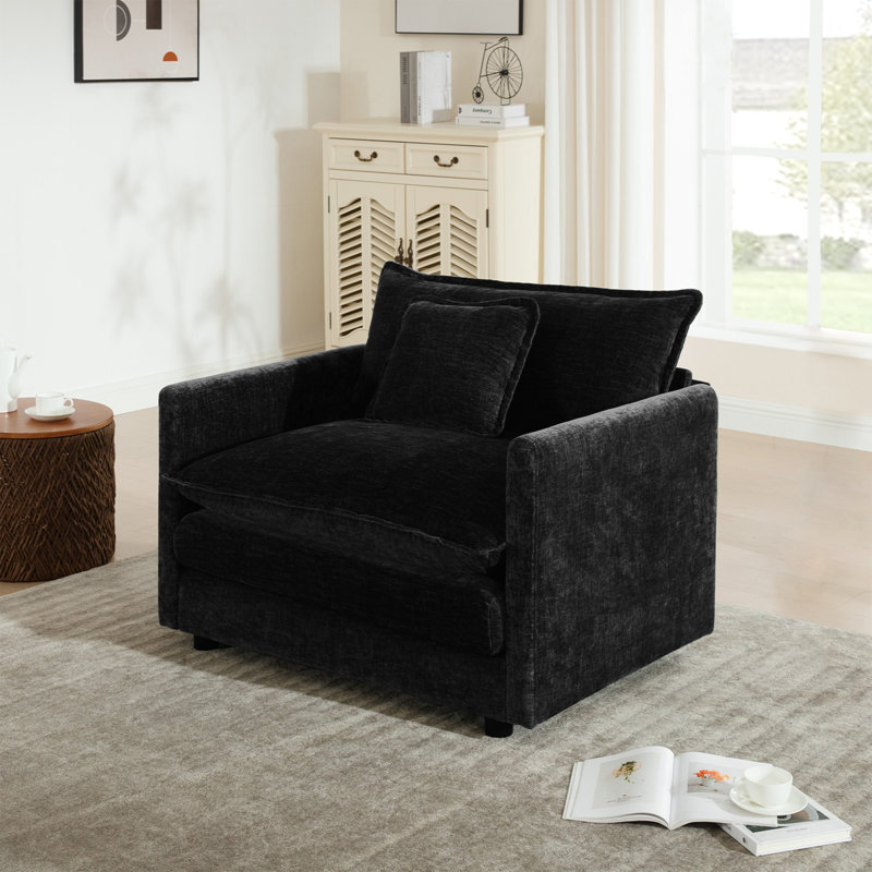 Upholstered Armchair, Chenille Fabric Sofa, For Living Room , Black Chenille