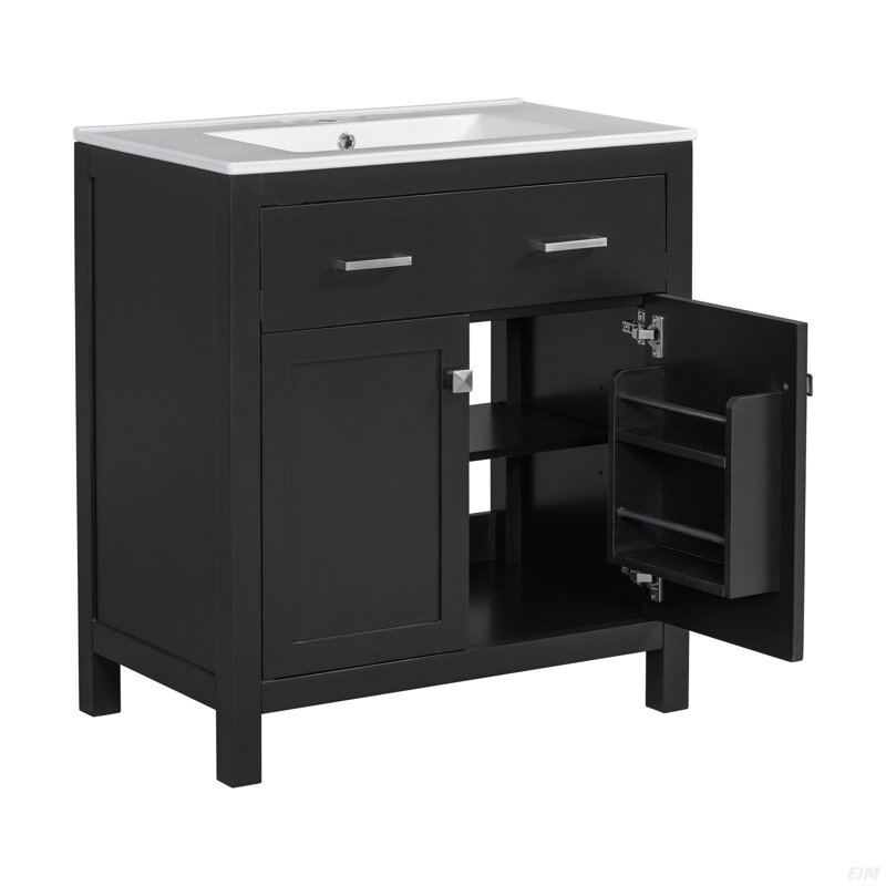 Meuble-lavabo de 30 po avec lavabo en céramique, armoire de salle de bain simple avec 2 portes et une tablette, portes à fermeture douce
