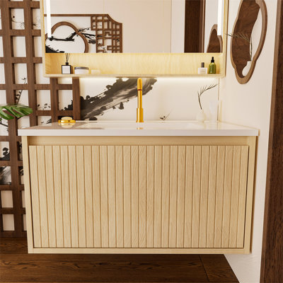 30 Inch Bathroom Vanity Cabinet With Ceramic Sink - Natural Wood Wall Mounted Floating Fluted Vanity With Drawers, Modern