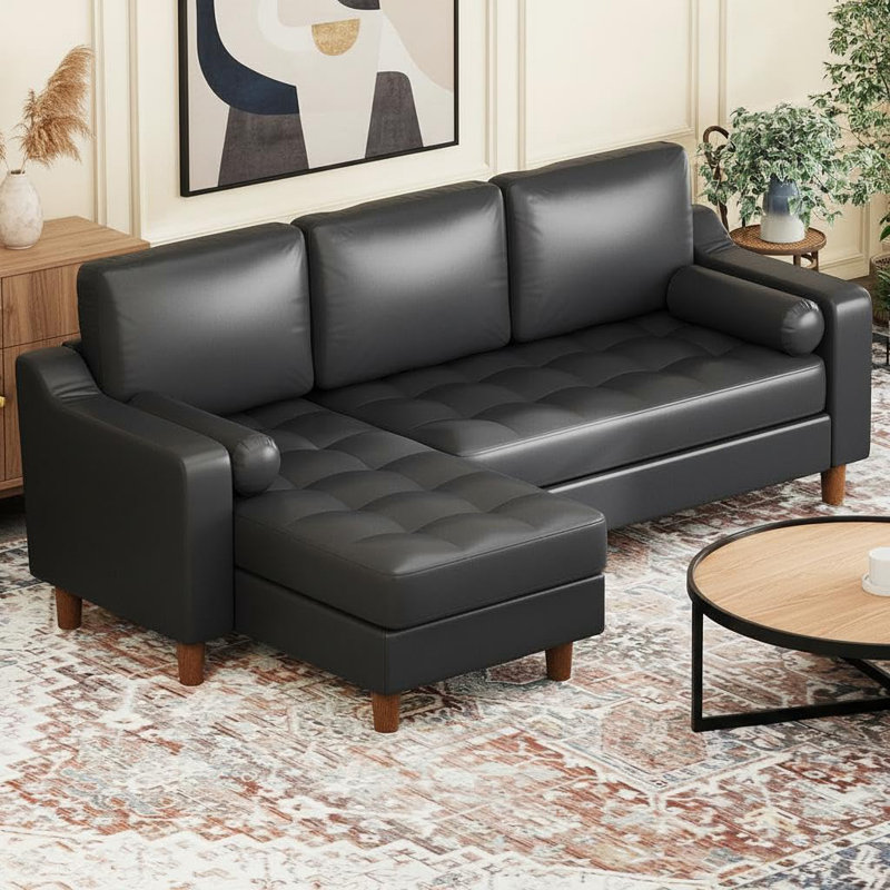 88.9" L-Shape Leather Sectional with Chaise, Black, Black