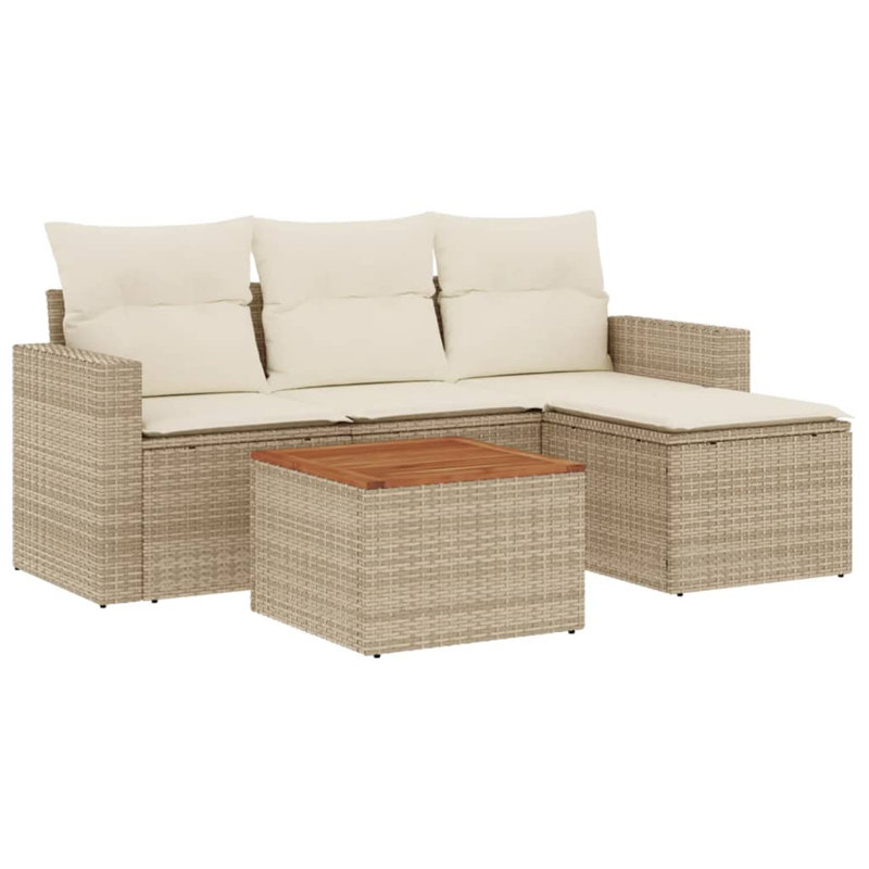 Ensemble de canapé de jardin Vidaxl, rotin poly beige, coussins crème, bois d'acacia brun
