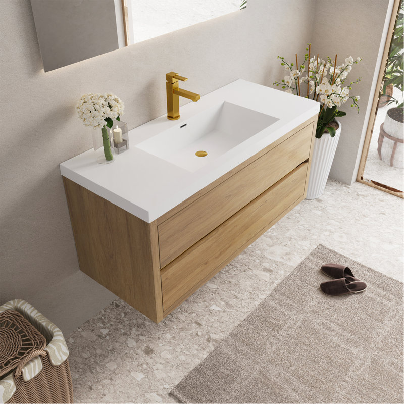 Meuble-lavabo mural 48 po avec lavabo, meuble de rangement flottant pour salle de bain avec comptoir en résine de pierre et tiroirs à fermeture douce, chêne naturel