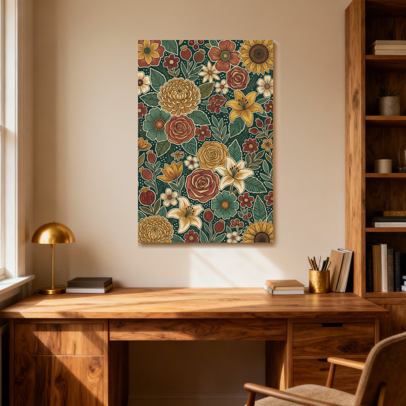 Motif floral de plantes et de fleurs aux couleurs vives et aux feuilles, H 36 po x l 24 po