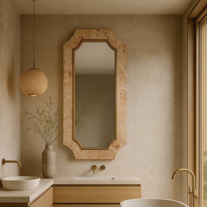 Miroir mural Farra - l 26 po x H 44 po - ronce de peuplier / laiton vieilli, 44 po x 26 po, Bois naturel