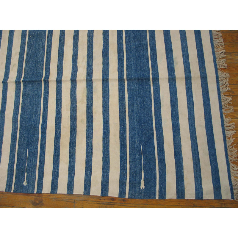 Early 20th Century Blue White Stripes Antique Indian Cotton Dhurrie Flatweave Rug