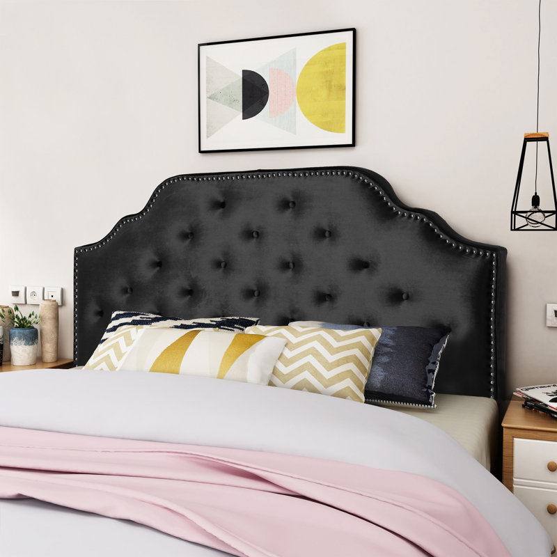 Contemporary Style Queen & Full Sized Headboard - Upholstered Velvet With Button Pattern And Captivating Nailhead Accents, Assembly Needed Black Design Diamond Stitch Fine Details, Required