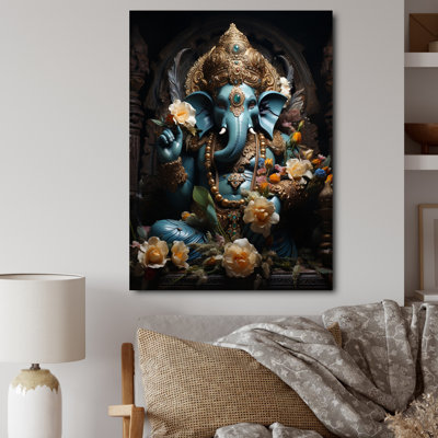 Yurely Gold Teal Indian Art Mystic Ganesha - Indian Art Wall Art For Living Room