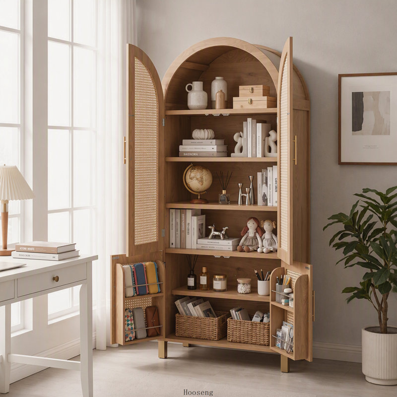 Armoire arquée 71 pouces à 4 portes avec portes en rotin, tablettes réglables et supports intégrés, chêne, Oak