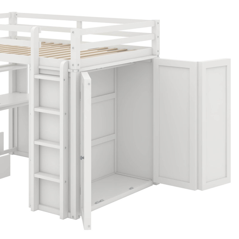 Lit mezzanine double avec tiroirs, bureau et garde-robe, Blanc