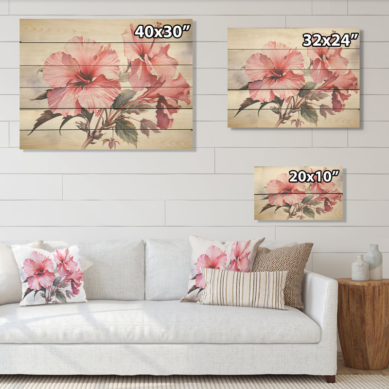 Hibiscus rose, rêve minimaliste - Art mural en bois d'hibiscus sur bois de pin naturel, H 30 po x l 40 po