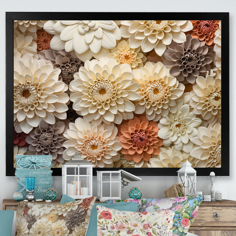 Minimalisme, fleurs de zinnias beiges sur toile, H 34 po x l 44 po x P 1,5 po, Cadre simple noir