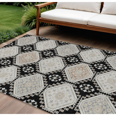 Tapis extérieur lavable floral noir et argent 10 pi x 14 pi