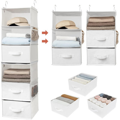 6-Shelf Hanging Organizer For Closet, Separable To 2 Pack 3-Shelf Hanging Shelves, Organization And Storage With 3 Different Drawers, 4 Side Pockets, White, 1-Pack