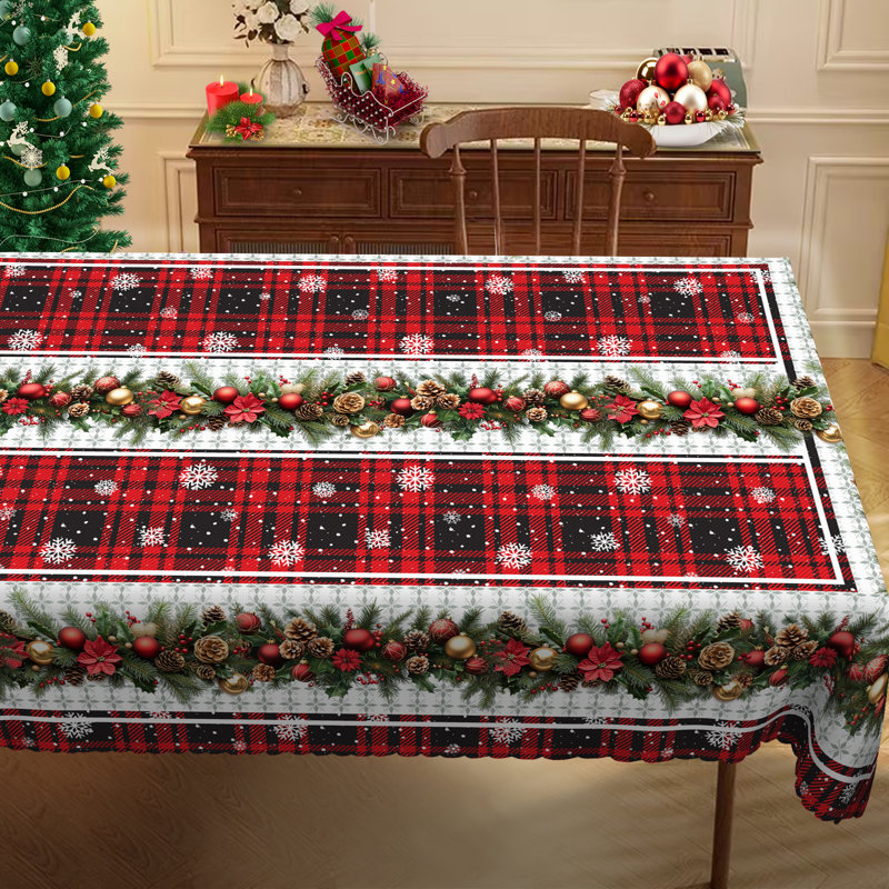 1pc round/rectangular polyester tablecloth, Christmas tablecloth with pine, snowman, truck, embosed edge, Christmas decorations for dining table, festival party holiday table decoration, perfect festival gift