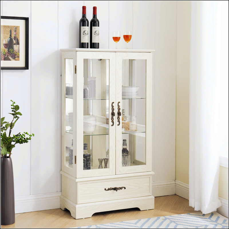 Lighted Glass Curio Cabinet With Adjustable Shelves - Elegant 2-Door Display & Built-In Drawer, White
