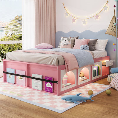 Full Size Wooden Platform Bed With Bookshelf, Display Cabinet, LED Light And Drawer, Combining Storage And Modern Style