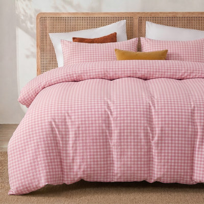 100% Cotton Gingham Duvet Cover Set, 100% Washed Cotton Bedding, Queen Size 3 Piece Soft Breathable Comforter Cover Set with Hidden Zipper and 8 Corner Ties, Soft Pink