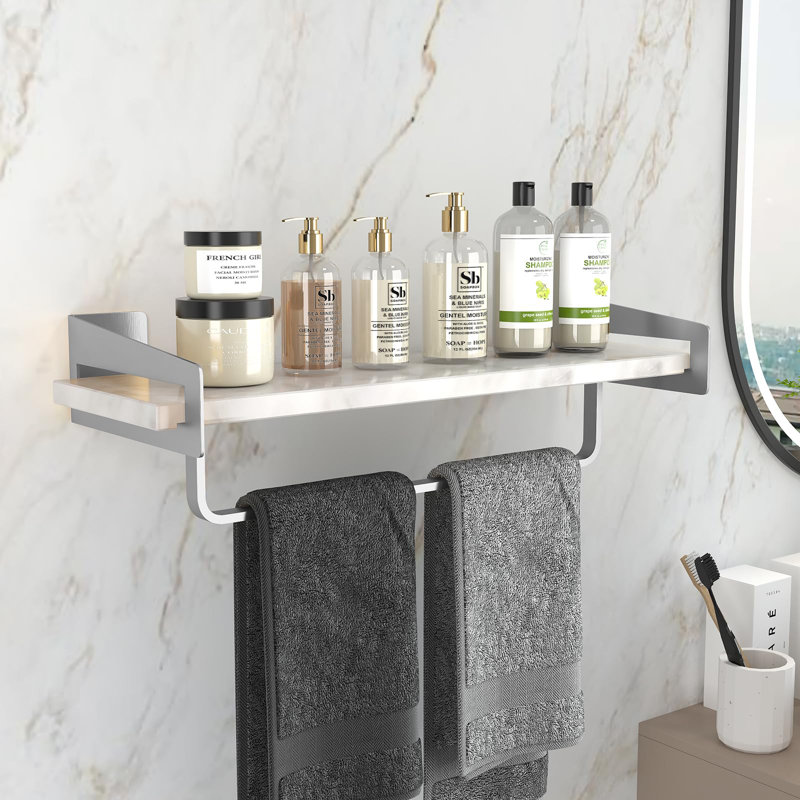 Elegant 16-Inch Marble Wall Shelf With Towel Bar - Durable Space-Saving Design For Bathroom And Living Room
