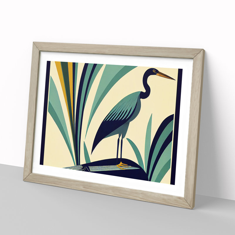 Heron Bird Abstract - Single Picture Frame Print, 46cm H x 64cm W x 2cm D, Oak