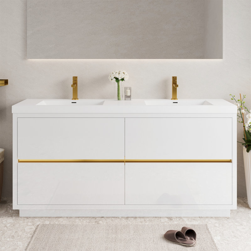 Meuble-lavabo autoportant avec lavabos doubles, Blanc lustré, 71"