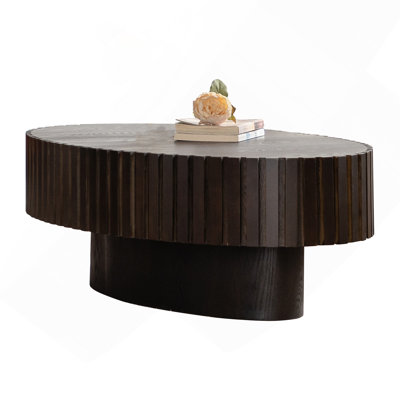 43.5" Oval Wooden Coffee Table With Handcrafted Relief | Sturdy Pedestal Base, Olive-Shaped Design For Living Room