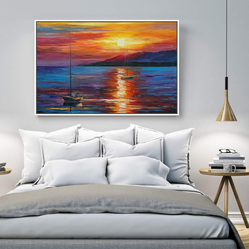 Océan côtier au coucher du soleil, impressions sur toile pour salon, chambre à coucher, décor M13, Cadre flottant blanc