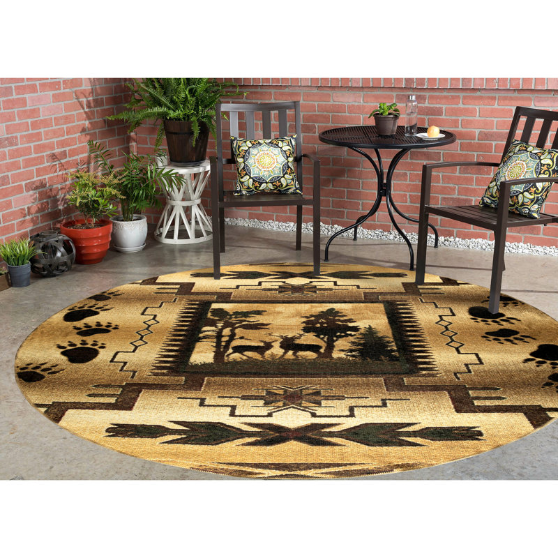 Machine Washable Area Rug Barclay Wildlife Deers Beige, Round 5" H x 3" W