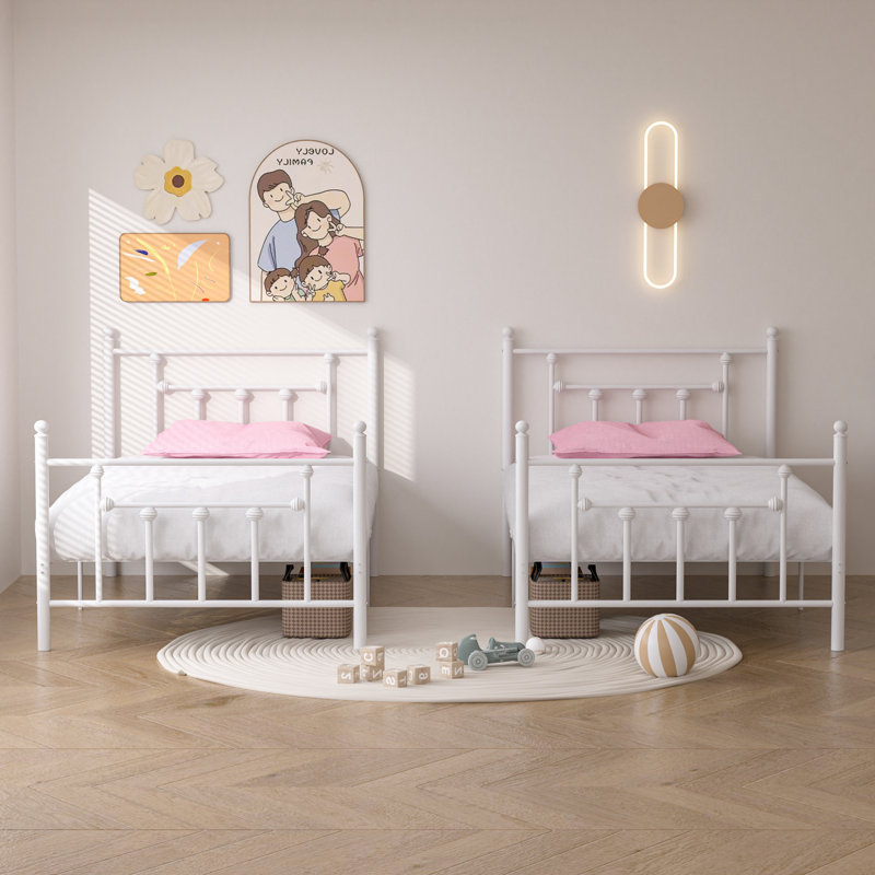 2 Set Bed Frame, 2Pcs Twin Size Metal Platform Bed, Mattress Foundation With Headboard, No Box Spring Needed, White